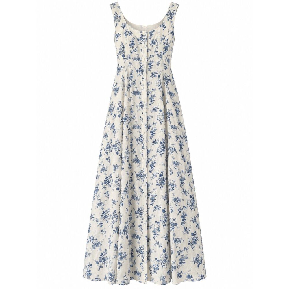 Blu Pepper Blue White Floral Button Front Maxi Dress Tie Back Size M